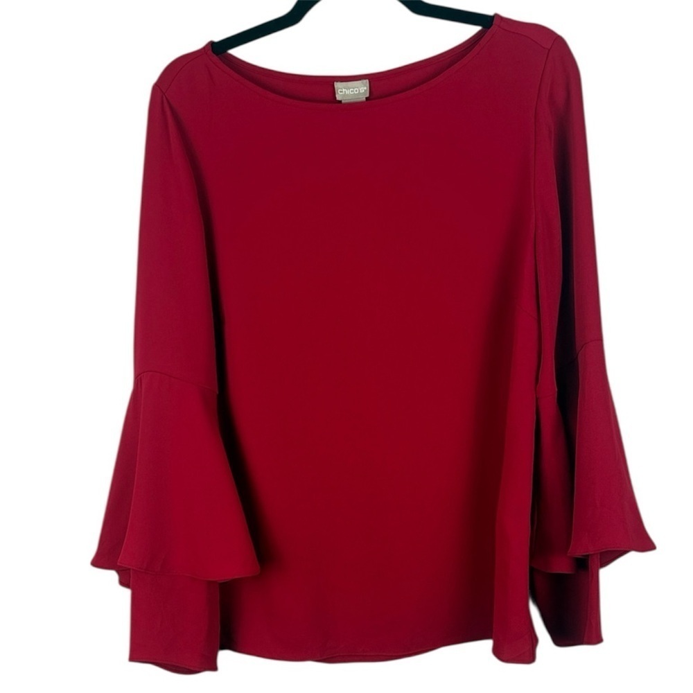Chico's Vibrant Classic Red Tiered Flare Long Sleeve Blouse Size 8/10